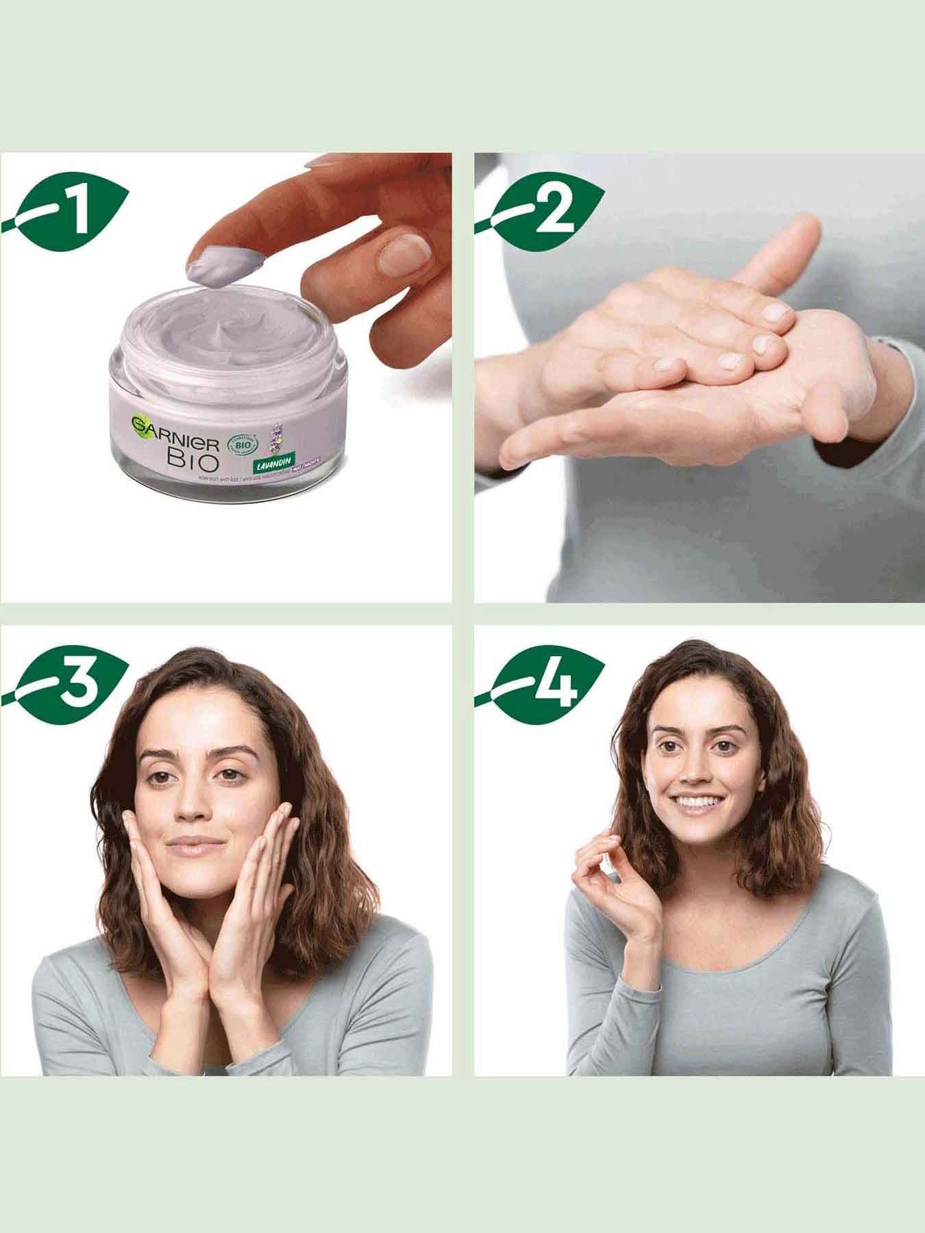 4 stappen aanbrengen Garnier Bio Lavendel Nachtcrème  