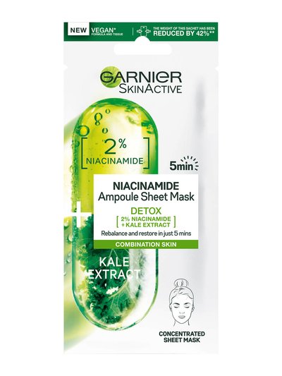 Voorkant verpakking niacinamide gezichtsmasker
