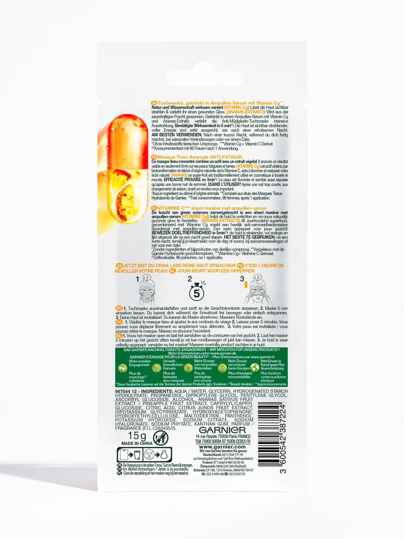 Achterkant verpakking vitamine C gezichtsmasker