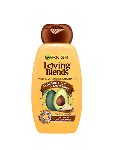 Voorkant verpakking Loving Blends Shampoo Avocado-olie en karitéboter