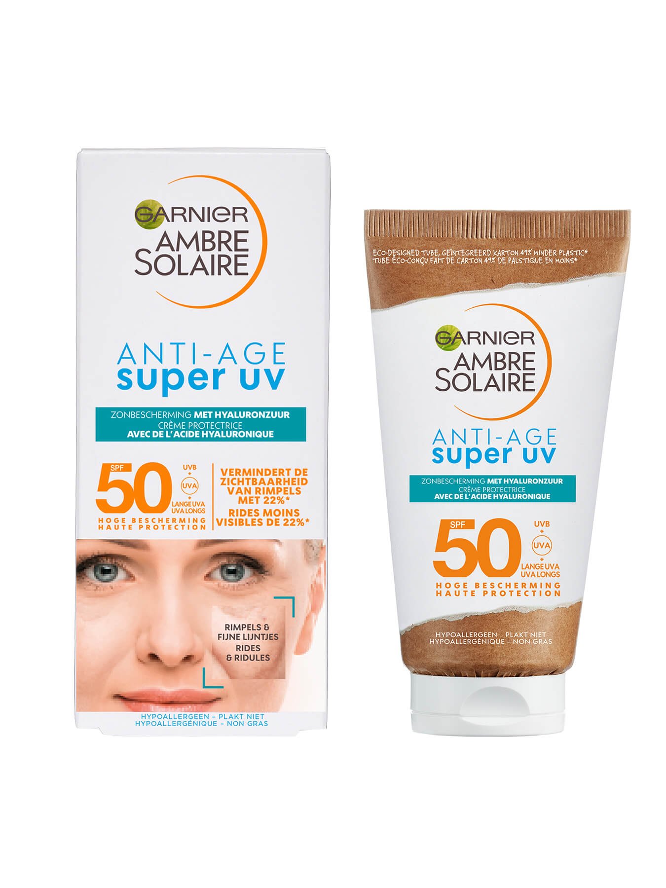Voorkant verpakking + product Anti-Age zonnebrandcrème