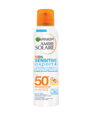 Voorkant verpakking Ambre Solaire Kids Sensitive Expert+ Anti-zand spray SPF50+